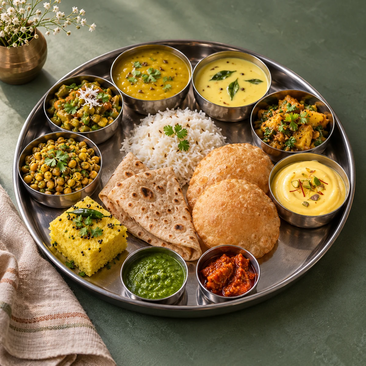 Illustrative premium Gujarati thali with colourful dishes in small steel bowls